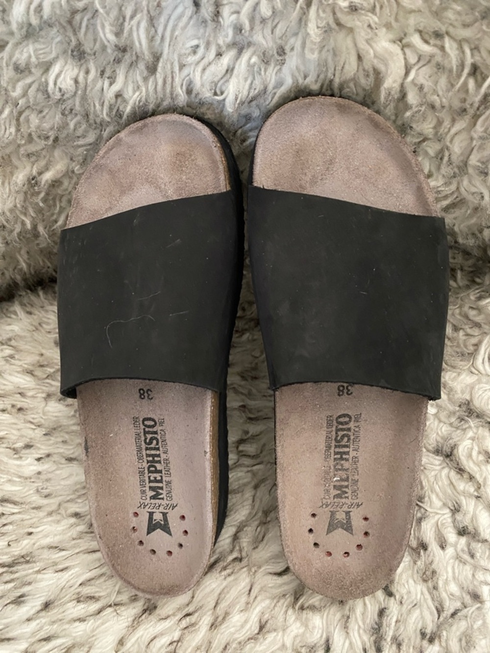 Mephisto Black and Taupe Slide Sandals